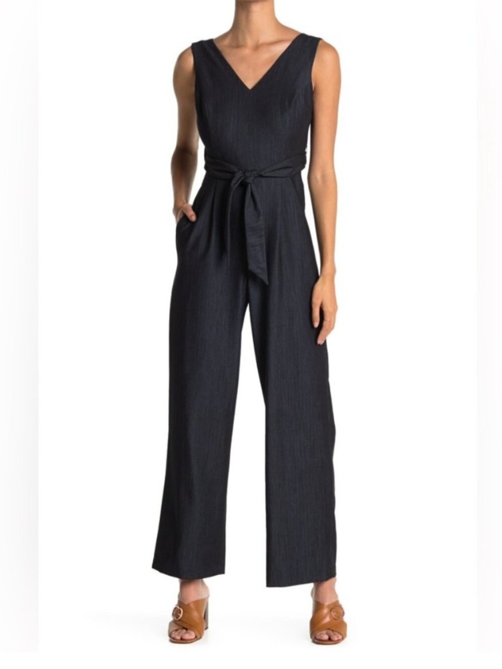 NWT Calvin Klein Black V-Neck Sleeveless Tie Front Cut Out Jumpsuit, Size 6